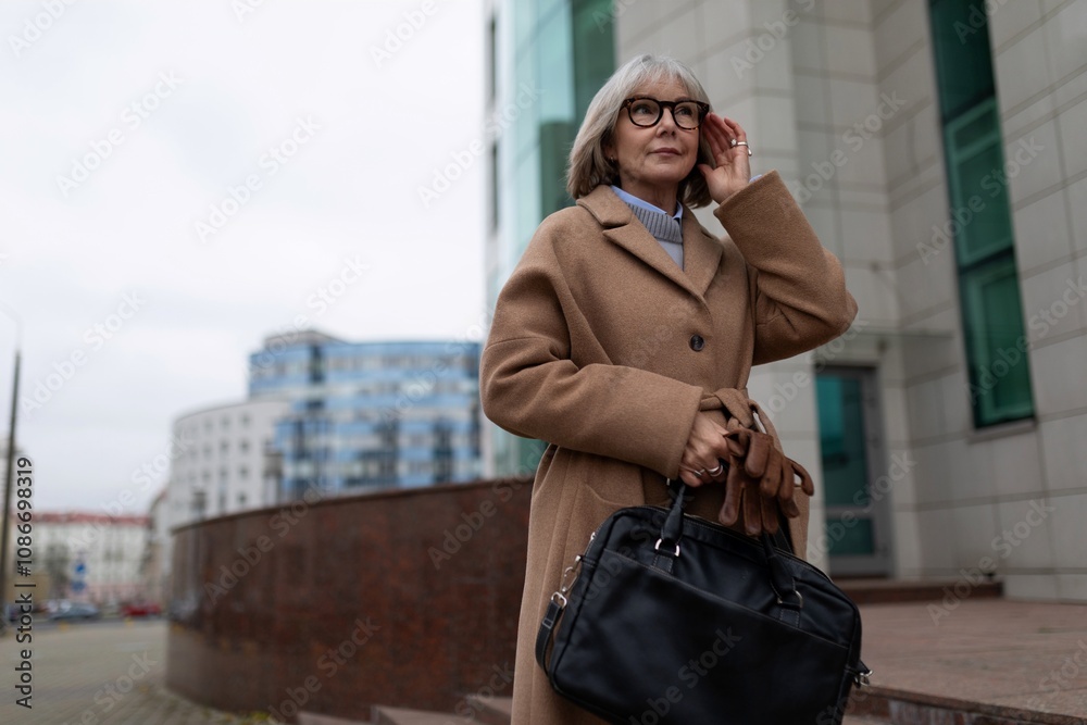Fototapeta premium Senior woman in stylish coat stands outside modern building with handbag, looking contemplative on a cloudy day in the city