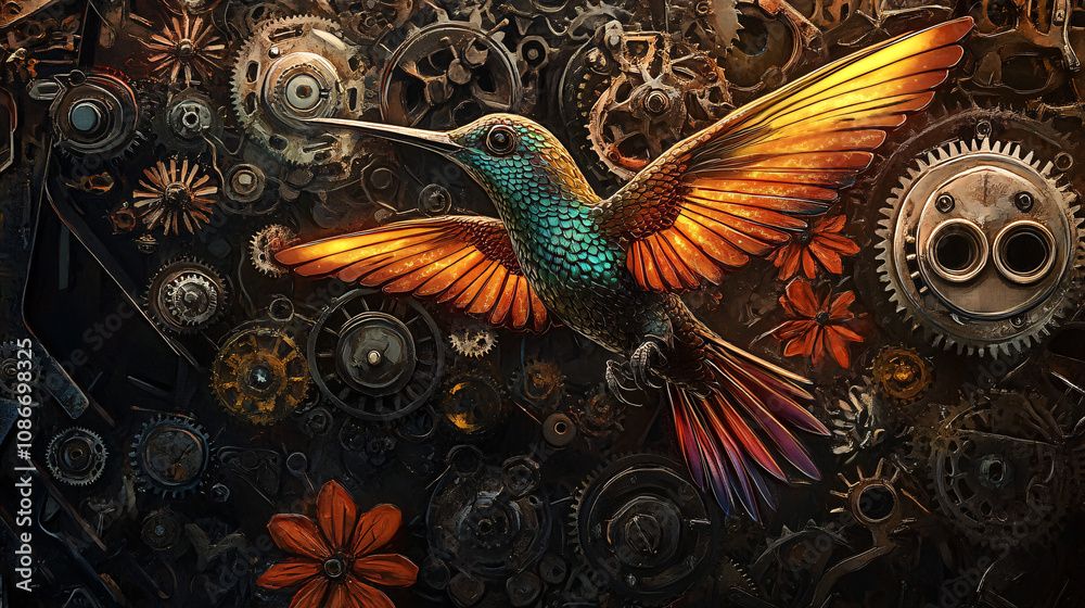 Obraz premium Mechanical hummingbird with glowing wings, flying through a steampunk garden of gears and metal flowers. 