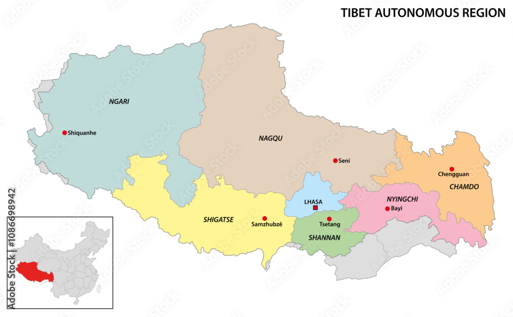 Fototapeta premium Administrative divisions of Tibet Autonomous Region Map
