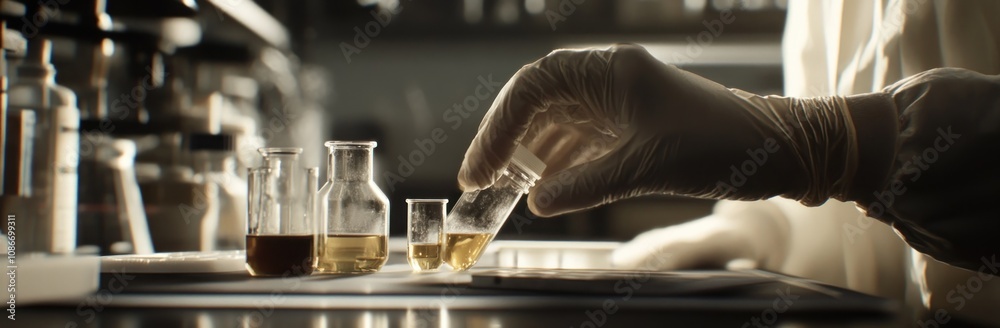 A scientist's hand carefully places a test tube in a lab setting with various glassware. A scientist's hand carefully places a test tube in a lab setting with various glassware.