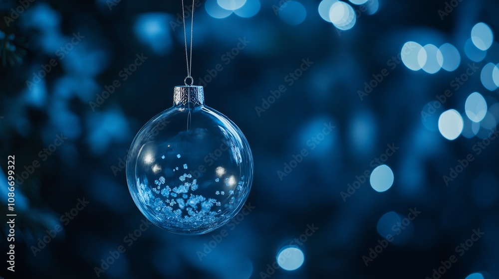 Fototapeta premium Hanging transparent Christmas ornament against blue bokeh background