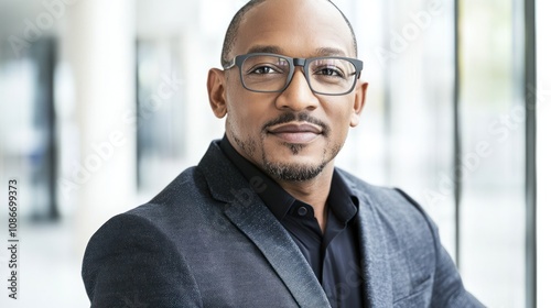 A confident man in glasses poses for a professional portrait in a modern setting.