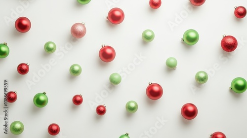 Colorful Christmas Ornaments Spread Across a Light Background in Red and Green Shades Ideal for Seasonal Celebrations and Festive Decorations for the Holidays