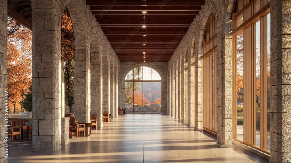A spacious corridor with stone arches and large windows showcasing autumn scenery. A spacious corridor with stone arches and large windows showcasing autumn scenery.