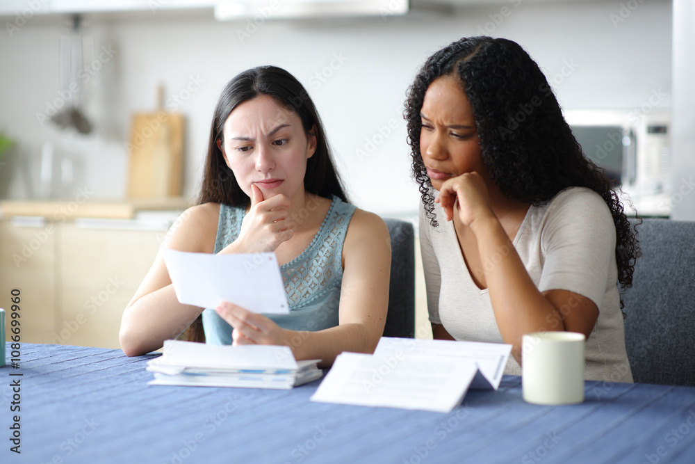 Suspicious couple checking bank statement at home Suspicious couple checking bank statement at home