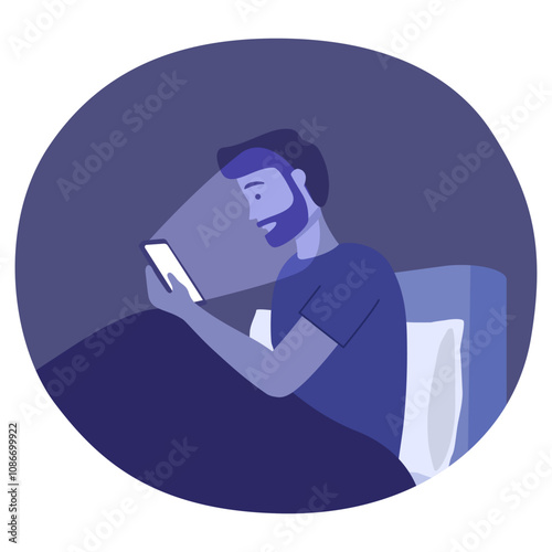 Man using smartphone, social network on bed. Smartphone addiction concept.