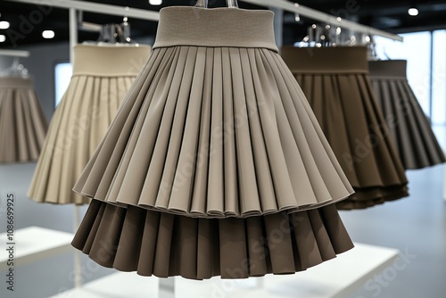 A display of pleated skirts in varying shades of beige and brown. photo