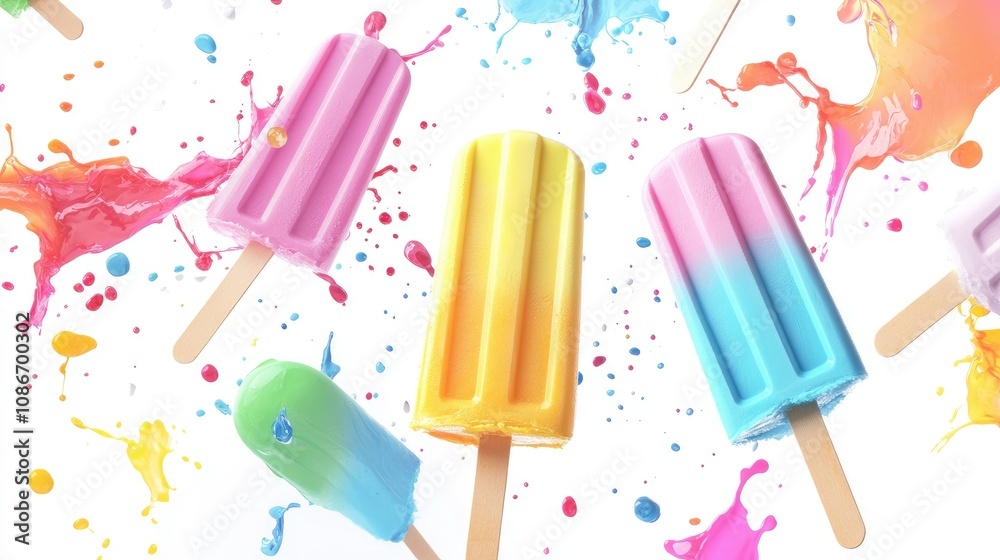 Colorful Ice Pops Surrounded by Vibrant Paint Splashes Creating a Fun, Playful Summer Vibe Ideal for Promotions, Advertisements, and Seasonal Marketing Campaigns Colorful Ice Pops Surrounded by Vibrant Paint Splashes Creating a Fun, Playful Summer Vibe Ideal for Promotions, Advertisements, and Seasonal Marketing Campaigns
