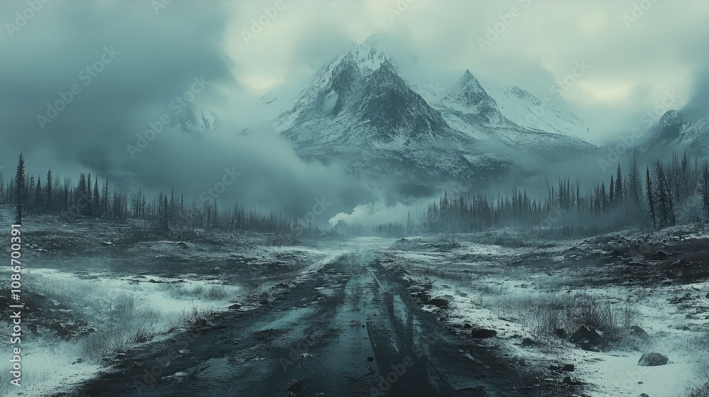 A solitary figure walks along a remote path in a winter landscape, surrounded by majestic mountains and a dramatic cloudy sky. A solitary figure walks along a remote path in a winter landscape, surrounded by majestic mountains and a dramatic cloudy sky.