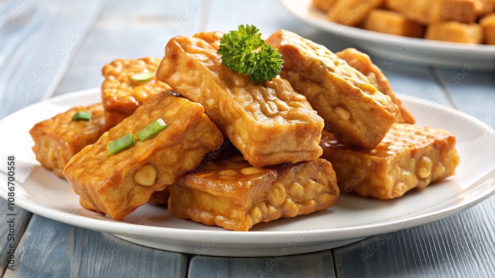 Fried Tempeh on Plate - Rule of Thirds Photography, Delicious Food, Healthy Eating Fried Tempeh on Plate - Rule of Thirds Photography, Delicious Food, Healthy Eating