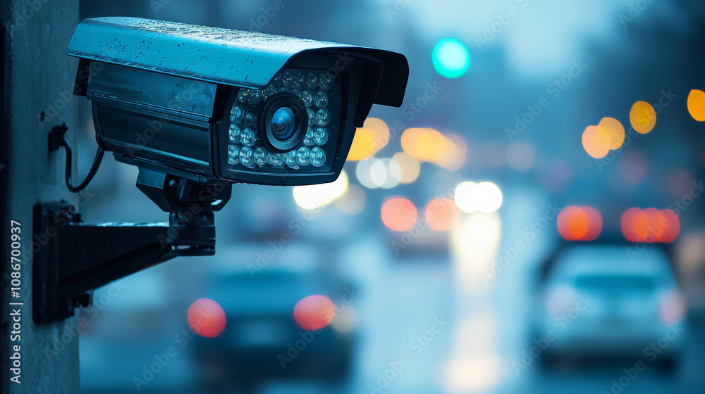 security camera monitoring busy street during rainy evening, capturing hustle and bustle of city life. blurred lights of cars create dynamic atmosphere security camera monitoring busy street during rainy evening, capturing hustle and bustle of city life. blurred lights of cars create dynamic atmosphere