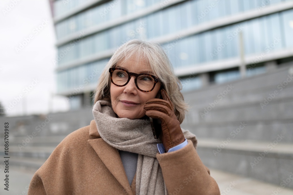 Fototapeta premium A senior woman wearing glasses talks on her smartphone while standing outside a modern building on a cool day