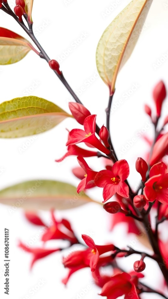 Fototapeta premium A close-up shot of a vibrant red flower branch isolated on a clean white background, flora, decoration