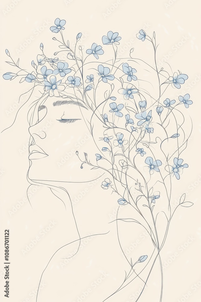 A minimal single line art of a woman with delicate forget-me-nots woven into her hair, representing remembrance and nostalgia, hand-drawn style minimalist line art, beige colors and soft blue tones A minimal single line art of a woman with delicate forget-me-nots woven into her hair, representing remembrance and nostalgia, hand-drawn style minimalist line art, beige colors and soft blue tones