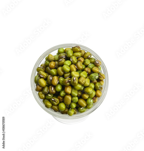 Top view, dried beans, small green mung bean (Vigna radiata) in glass bowl, isolated on transparen png.