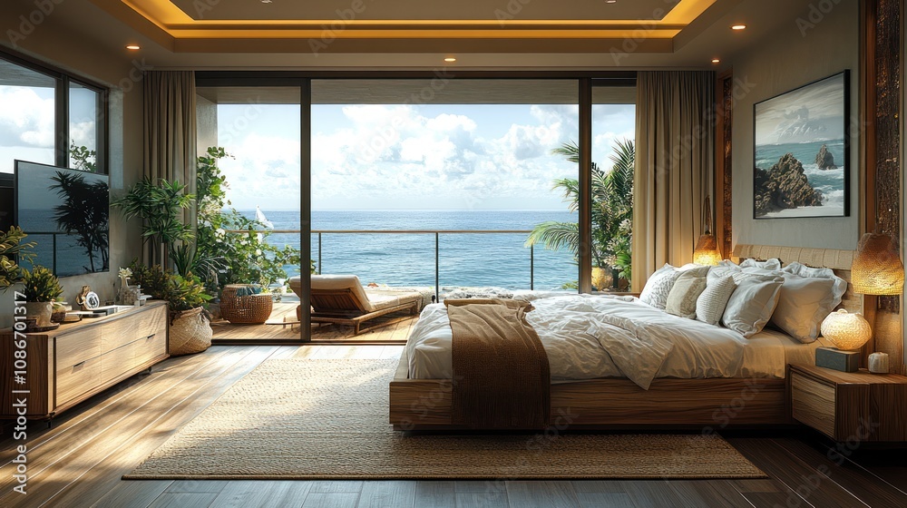 3D beach-inspired bedroom with light wood flooring, sea breeze decor, and open balcony views, rendered in 4K. 3D beach-inspired bedroom with light wood flooring, sea breeze decor, and open balcony views, rendered in 4K.