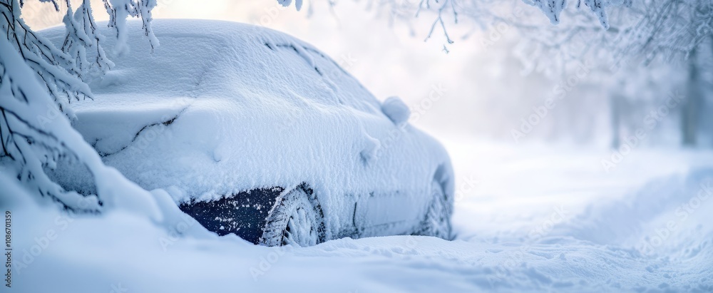 A quiet winter morning unveils a car enveloped in a thick layer of snow, surrounded by glistening frost on nearby trees, creating a peaceful atmosphere