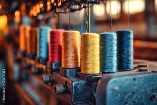 Colorful spools of thread arranged on an embroidery machine in a textile factory showcasing vibrant hues and intricate fabric details photo