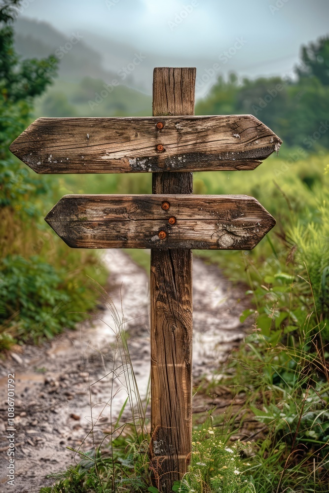 A weathered wooden signpost stands at the edge of a muddy path, surrounded by verdant foliage and enveloped in a soft, mystical mist A weathered wooden signpost stands at the edge of a muddy path, surrounded by verdant foliage and enveloped in a soft, mystical mist