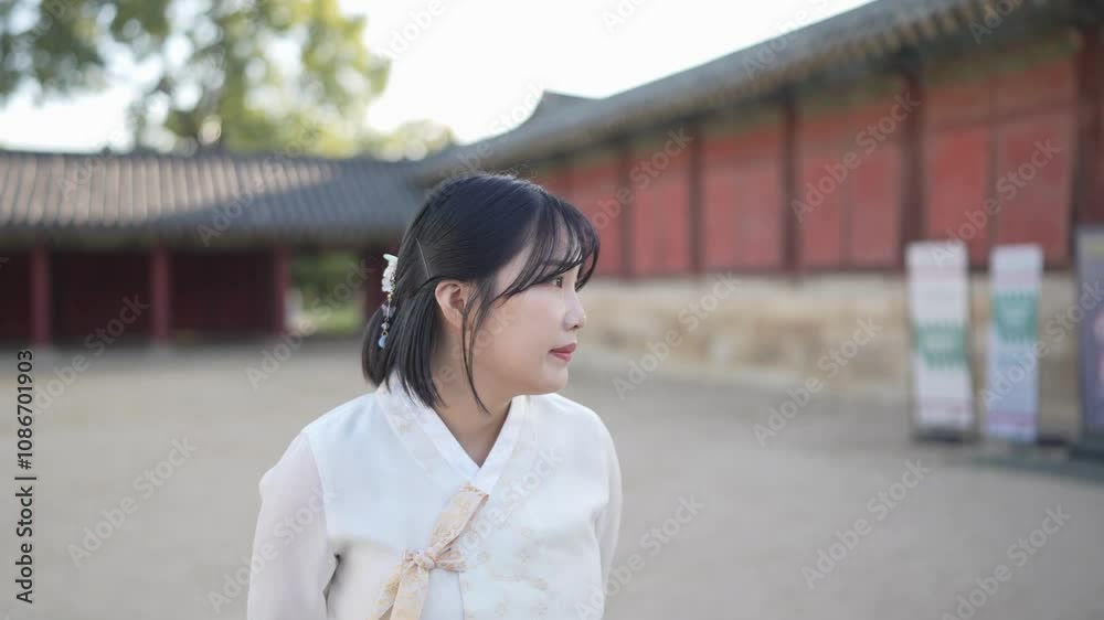A Korean woman in her 20s wearing a hanbok from Seoul, South Korea, is walking in a park lined with historical buildings under a beautiful sunset. Slow motion video. A Korean woman in her 20s wearing a hanbok from Seoul, South Korea, is walking in a park lined with historical buildings under a beautiful sunset. Slow motion video.