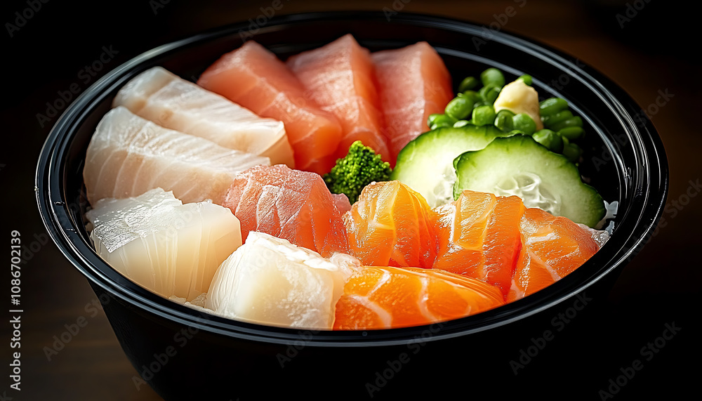 Close-up of bowl of sashimi with salmon, tuna, and white fish tasty food photography Close-up of bowl of sashimi with salmon, tuna, and white fish tasty food photography