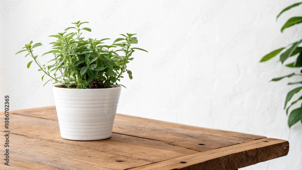 Fototapeta premium A small green plant in a white pot sits on a wooden table , isolated on white background