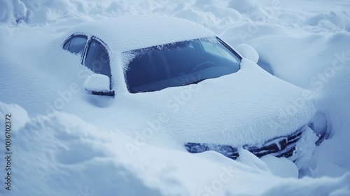 A vehicle is almost entirely covered in snow, showcasing the heavy snowfall that has transformed the landscape into a winter wonderland