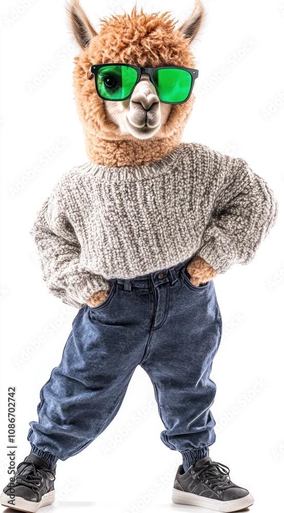A fashionable llama wearing sunglasses and a cozy sweater strikes a playful pose. A fashionable llama wearing sunglasses and a cozy sweater strikes a playful pose.