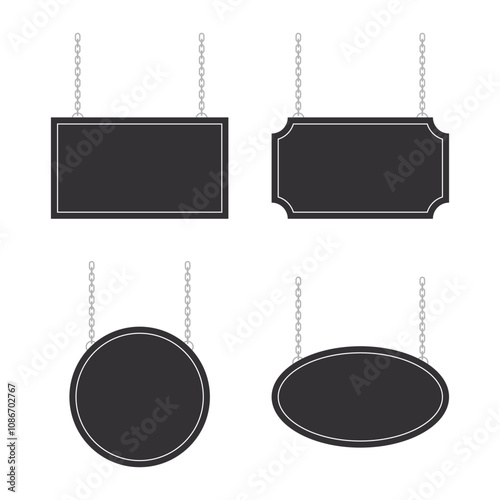 Set of blank black with white border hanging sign on chain. Flat design illustration.
