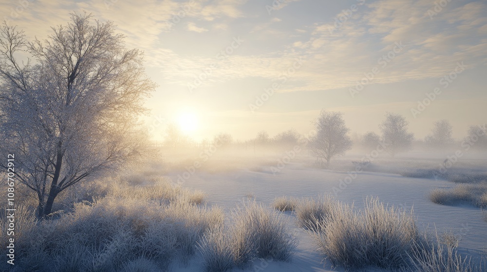 A serene winter landscape featuring frosty trees, a snow-covered field, and a soft glow of sunlight breaking through the morning mist. A serene winter landscape featuring frosty trees, a snow-covered field, and a soft glow of sunlight breaking through the morning mist.