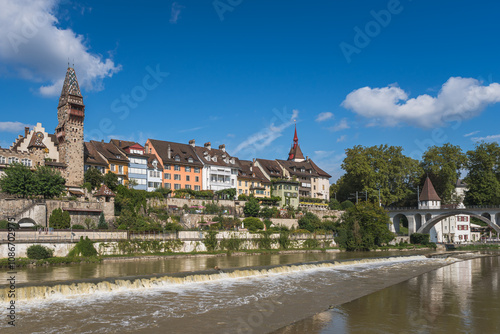 View of the medieval old town of Bremgarten with historical facades along the bank of the Reuss River, Canton of Aargau, Switzerland