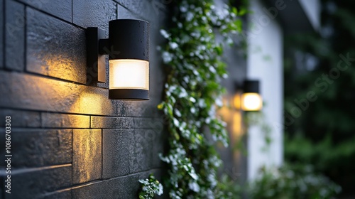 A modern black solar wall light with LED technology, a multi-angle setting, and a rainproof design for energy-saving outdoor lighting photo