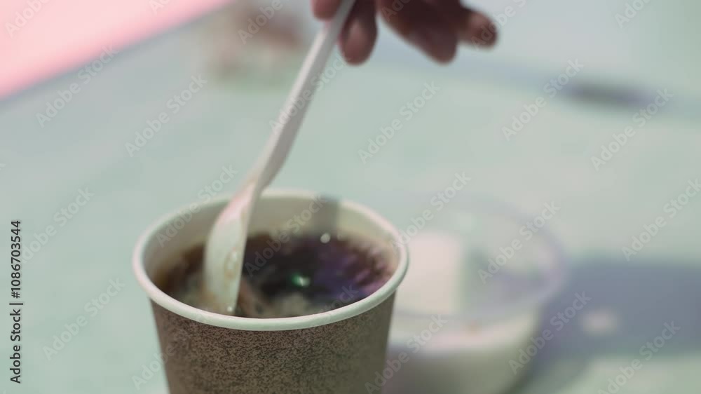 A closeup view of a hand actively stirring a refreshing drink inside a disposable cup with a straw A closeup view of a hand actively stirring a refreshing drink inside a disposable cup with a straw