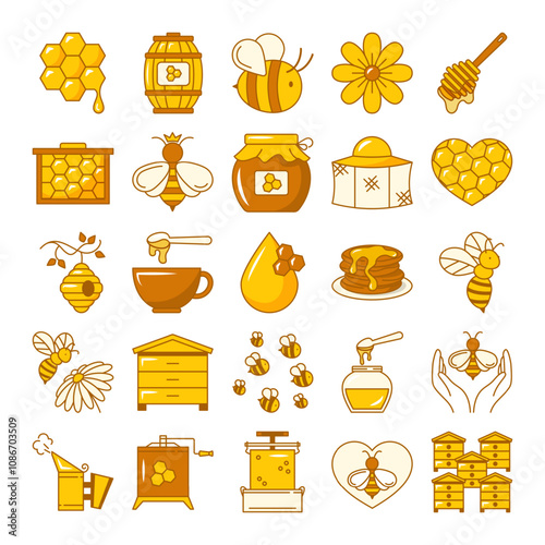Honey line icon set vector isolated. Collection of cute simple symbols for honey production. Beehive, bee at flower, apiary and syrup jar. Fresh honey pictograms.