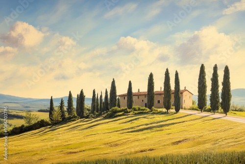 Rolling Hills of Tuscany with Cypress Trees and a Peaceful Italian Countryside Landscape