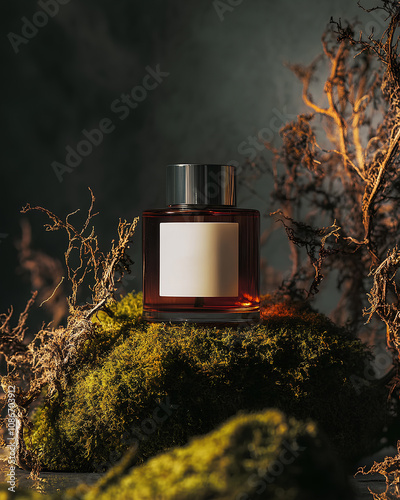 A close-up shot of a red bottle mockup placed in a forest. The soft lighting highlights the bottle's minimalist design  photo