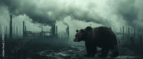 A bear pauses amidst a lifeless terrain tainted by billowing smoke and industrial decay, representing the struggle of wildlife in an adverse environment photo