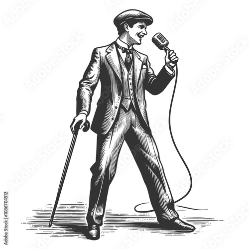 Stand up showman cheerful performer holding a vintage microphone, evoking classic entertainment and retro charm sketch engraving generative ai raster illustration. Black and white image.