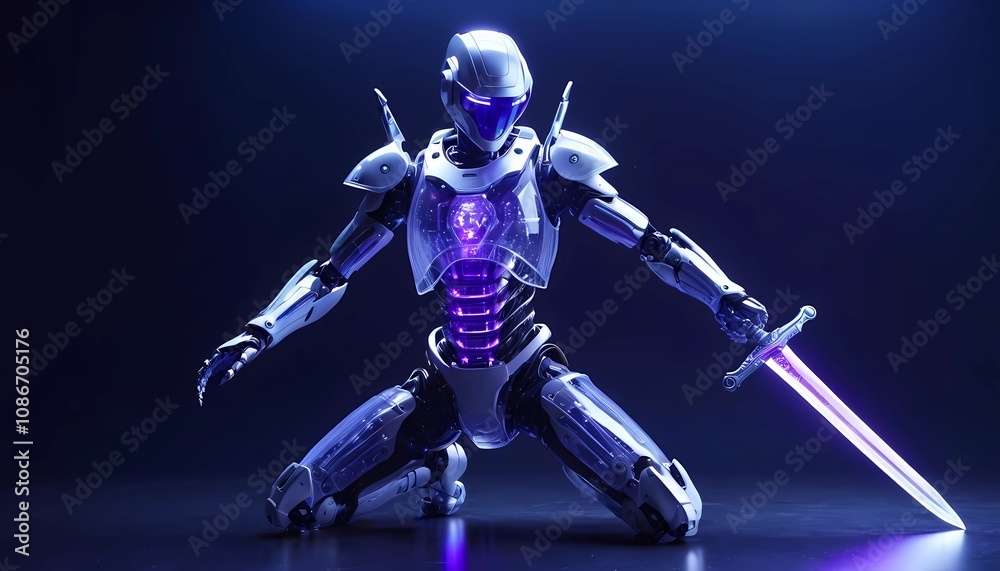 Fototapeta premium A robot that has a transparent body that has blue and purple LED lights. This robot also has a sword.