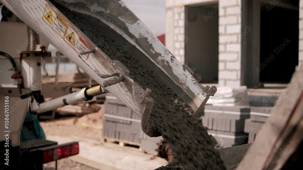 Concrete mixer truck pouring cement for a house foundation at an active construction site. Heavy machinery at work Concrete mixer truck pouring cement for a house foundation at an active construction site. Heavy machinery at work