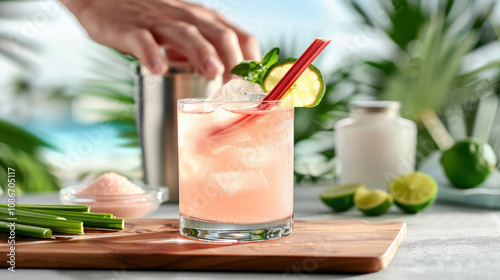 National Rhubard Vodka Day. A fizzy rhubarb gin cocktail served in a tall glass with ice cubes, lime wedges, and rhubarb ribbons, placed on a polished bar surface.
 photo