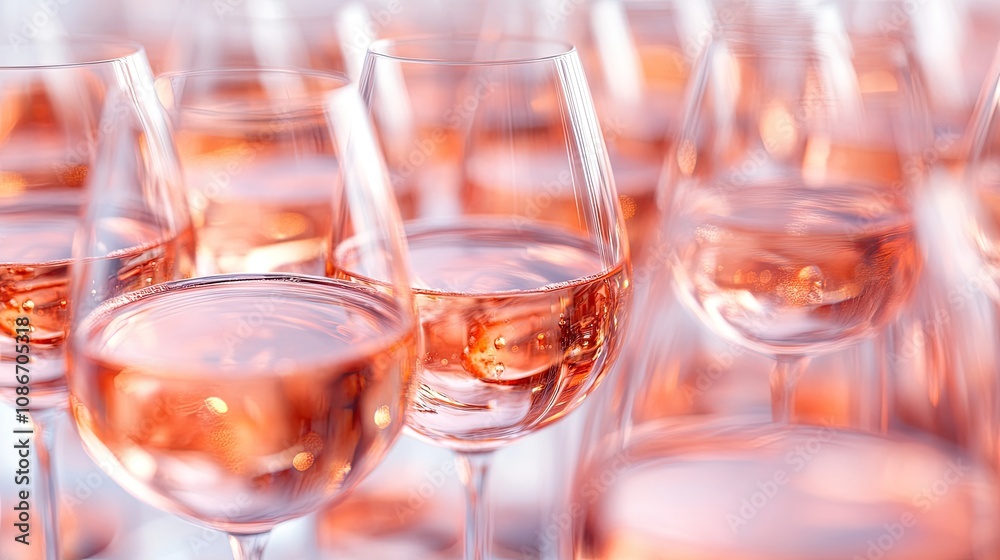 A close-up view of sparkling rose wine glasses, creating a festive and elegant atmosphere. A close-up view of sparkling rose wine glasses, creating a festive and elegant atmosphere.