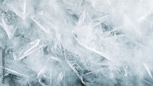 Abstract close-up of crystalline ice, showcasing sharp, fractured shapes in a cool, frosty palette.