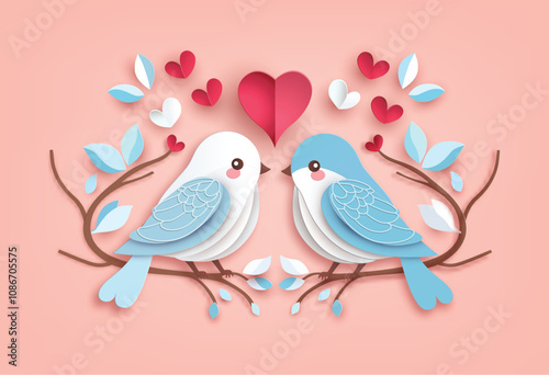 Lovebirds with heart and floral branch, cute Valentine’s Day concept