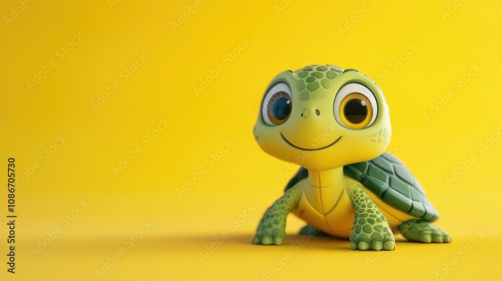 Smiling Cartoon Turtle on Yellow Background