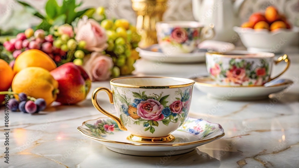 A delicate porcelain coffee cup with floral patterns and golden trimmings resting on a marble countertop surrounded by fruit bowls and vases, porcelain, coffee cup, kitchen accessories A delicate porcelain coffee cup with floral patterns and golden trimmings resting on a marble countertop surrounded by fruit bowls and vases, porcelain, coffee cup, kitchen accessories