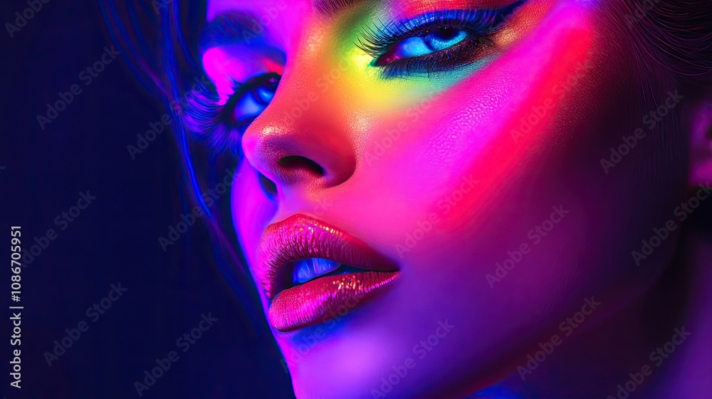 Close-up portrait of a young Caucasian woman with striking neon makeup and vibrant colors illuminating her face. Close-up portrait of a young Caucasian woman with striking neon makeup and vibrant colors illuminating her face.
