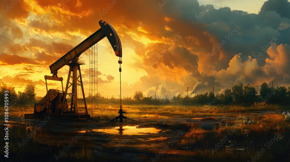 A striking sunset over an oil pumpjack silhouetted against moody clouds, creating a dramatic industrial landscape.