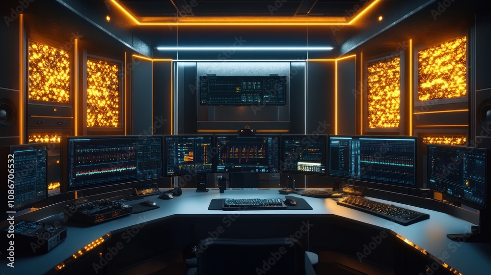 A high-tech control room featuring multiple monitors and glowing interfaces. A high-tech control room featuring multiple monitors and glowing interfaces.
