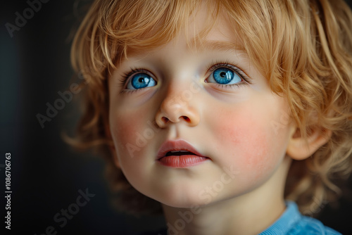 A small child with blue eyes looking up at the camera